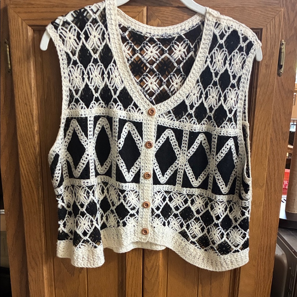 SHEIN Black and Cream Crochet Button-Front Vest
